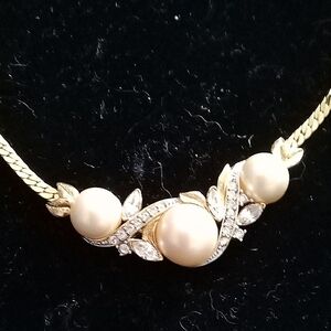Trifari Gold-Tone Pearl and Crystal Leaf Pendant Necklace
